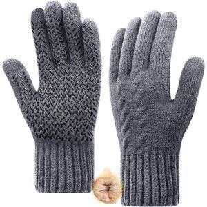 Men's Grey Winter Warm Fleece Lined Anti Slip Knit Touch Screen Gloves